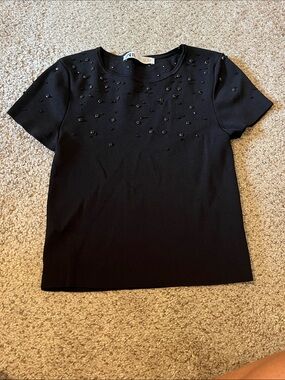Zara Black Short-Sleeve Beaded Knit Top
